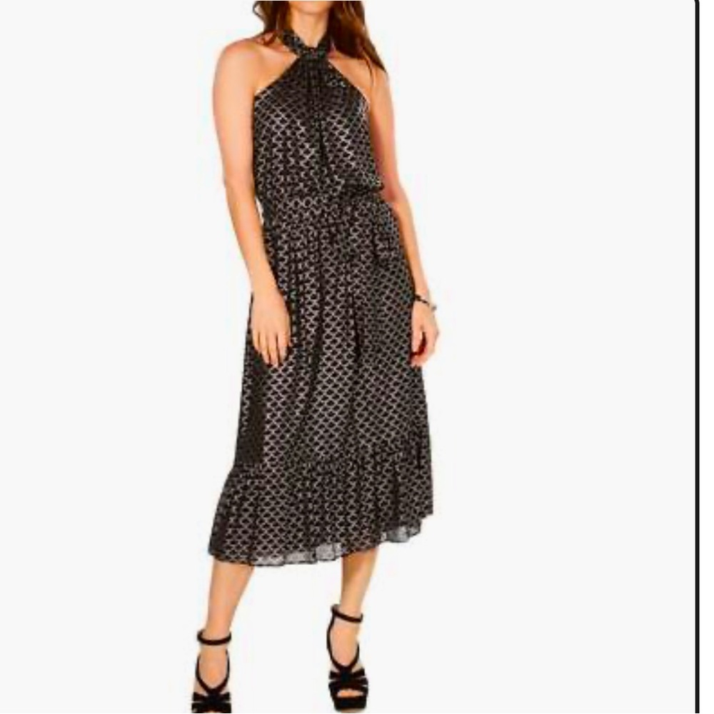 Michael Kors Black Metallic Silver Memaid Print Halter Under Knee Dress